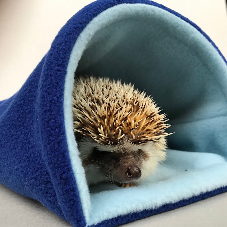 May include: A blue and light blue fleece hedgehog sleeping bag. The sleeping bag is designed to provide a cozy and safe space for a hedgehog to sleep.