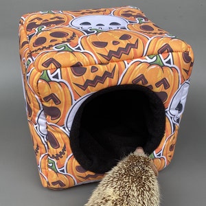 Pumpkin and skulls Halloween cosy cube house. Hedgehog and guinea pig cube house. Padded fleece lined house.