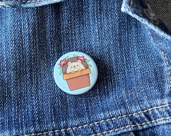 Hedgehog in plant pot badge. 25mm badge. Hedgehog pin. Animal lover gift.