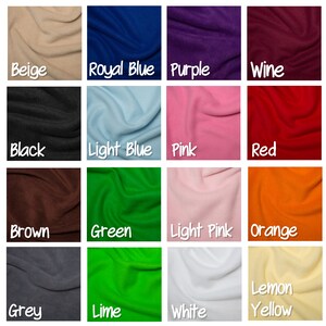 May include: A color chart of 16 different colors of fleece fabric. The colors are beige, royal blue, purple, wine, black, light blue, pink, red, brown, green, light pink, orange, grey, lime, white, and lemon yellow.