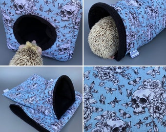 Vintage Floral Skulls full cage set. Cube house, snuggle sack, tunnel cage set for hedgehog or small pet.