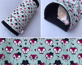 Dapper Mr Fox mini set. Tunnel, snuggle sack and toys. Fleece bedding. Hedgehog fleece tunnel and pouch.