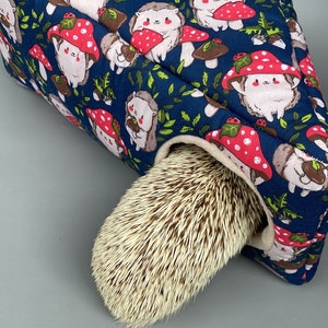 May include: A hedgehog in a blue and white fabric hedgehog house with a mushroom pattern. The house has a white fleece lining and a white opening.