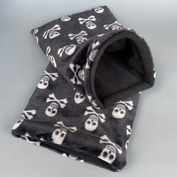 Skull and bones cuddle fleece snuggle sack, snuggle pouch, sleeping bag for hedgehogs and small pets.