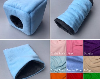 Fleece full cage set. Cube house, snuggle sack, tunnel cage set for hedgehog or small pet. Colour customised fleece set.