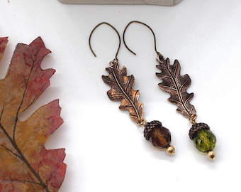 Pendientes colgantes de hoja de roble, bellota de cobre y cuentas de cristal, joyería del bosque