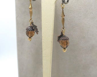 Pendientes colgantes de bellota, cristal ámbar, joyería del bosque