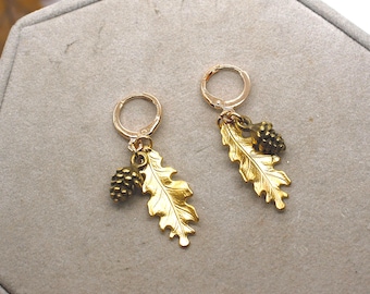 Pendientes colgantes de hoja de roble, piña, joyería otoñal del bosque