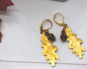 Pendientes colgantes de hoja de roble y piña, joyería otoñal de metal mixto