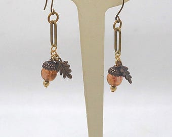 Pendientes de bellota, cuentas de vidrio ámbar, cobre antiguo, joyería de bosque