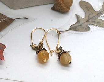 Pendientes de bellota, ágata agrietada, hojas de latón, cobre antiguo, joyería de otoño