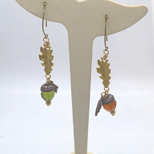 Acorn Earrings, Crystal Bead, Woodland Fall Forest Jewelry, Nature Inspired, Oak Leaf, Autumn Gift, Antique Style, Mixed Metals