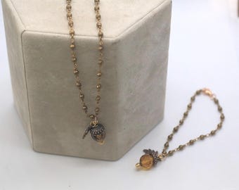 Conjunto de collar y pulsera de bellota, joyería de cobre y cristal, cadena de rosario con motivos del bosque