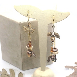 Acorn Earrings, Pumpkin Bead, Woodland Fall Forest Jewelry, Nature Inspired, Oak Leaf, Autumn Gift, Antique Style, Mixed Metals