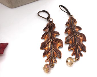 Pendientes colgantes de hoja de roble, joyería de bosque con cuentas de cristal