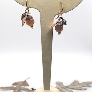 Acorn Earrings, Chalcedony, Gold plated bead, Woodland Fall Forest Jewelry, Nature Inspired, Leaves, Autumn Gift, Antique Style, Mixed Metal