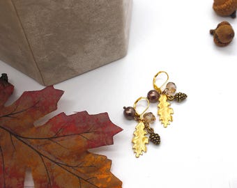Pendientes colgantes de hoja de roble, piña y cristal, joyas de otoño