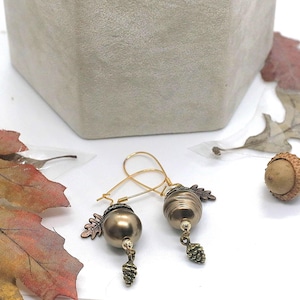 Acorn Earrings, Glass Pearl, Woodland Fall Forest Jewelry, Nature Inspired, Leaves, Autumn Gift, Antique Style, Mixed Metals