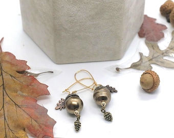 Pendientes de bellota, perla de cristal, joyería de bosque, regalo de otoño
