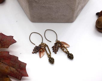 Pendientes colgantes de hojas de piña, clip de papel, joyería de otoño del bosque