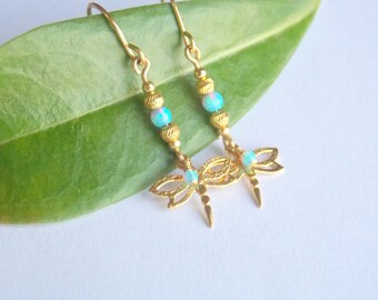 Gold filled opal dragonfly dangle earrings