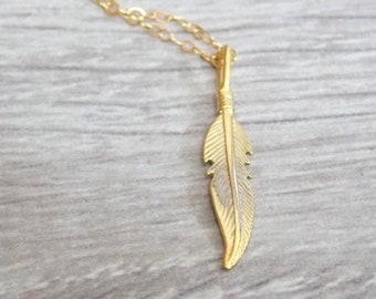 Gold necklace, Feather necklace, unique necklace, gold filled necklace, delicate necklace, style, feather pendant