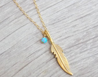 Gold Filled Feather Necklace: Opal Pendant, Dainty Jewelry