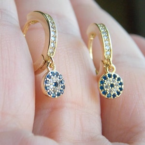 cz evil eye dangle earrings, gold cubic zirconia earrings