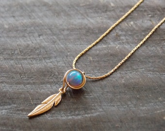 Gold Filled Feather Necklace, Dainty Opal Pendant