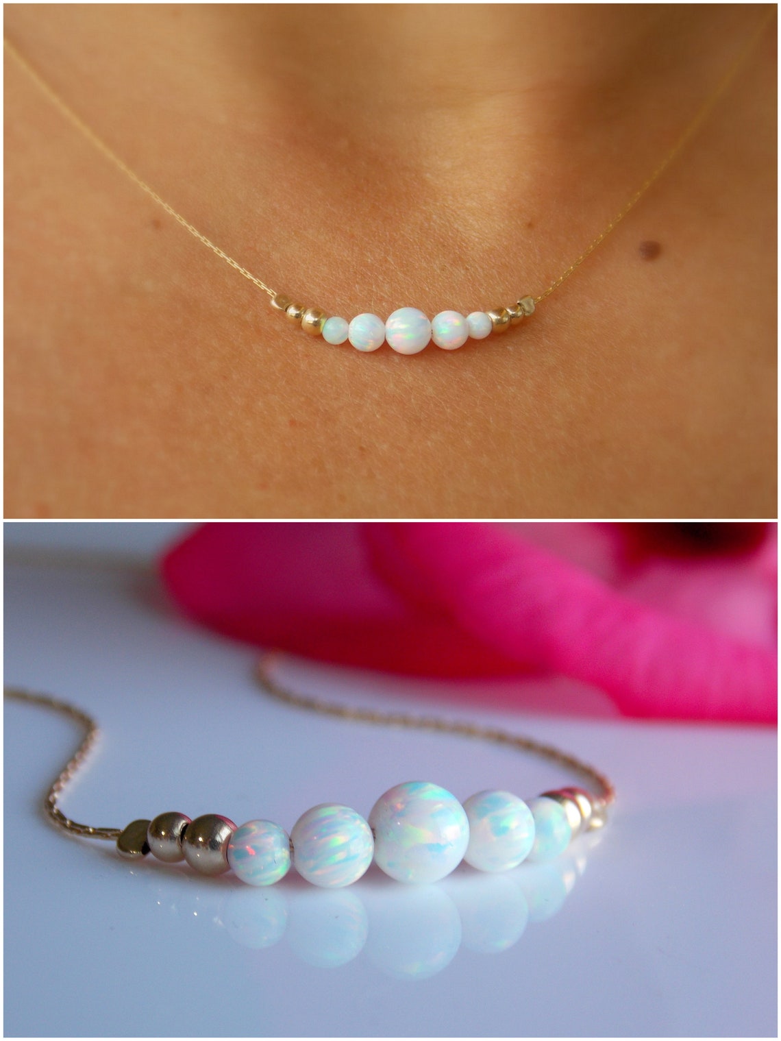 Opal Necklace Beaded Necklace Small Opal Ball Gold Necklace Etsy