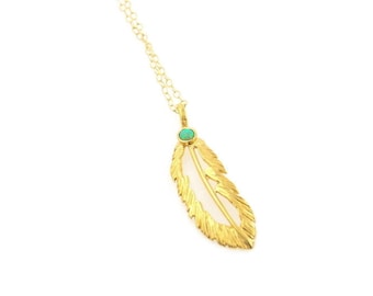 Gold Filled Feather Necklace: Dainty Opal Charm