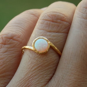 Gold Filled White Opal Ring - White Opal Gemstone Ring - Dainty - October Birthstone - Hammered Gold Ring - thin gold ring - gift