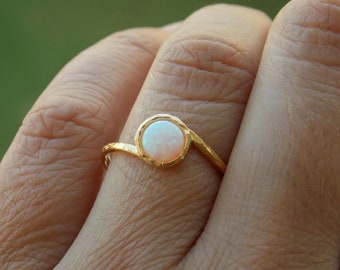 Gold Filled White Opal Ring - White Opal Gemstone Ring - Dainty - October Birthstone - Hammered Gold Ring - thin gold ring - gift