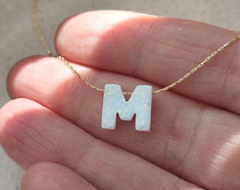 Opal necklace, opal letter necklace, opal gold necklace, opal jewelry, opal bead necklace, white opal necklace, synthetic opal necklace