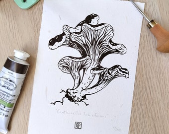 Mushroom linocut hand printed on handmade paper, decorative printing in goblincore or cottagecore style