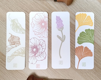 Linocut hand stamped botanical bookmark, set of 3 bookmarks with flowers and leaves, unique reading accessories for books lovers