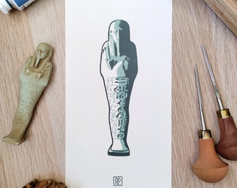 Linocut print of a ushabti figure from ancient egypt, original limited edition linocut