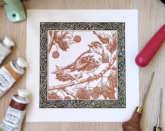 Linocut Sparrow Art Print – Handmade bird linoprint, original linoleum engraving, limited edition artwork