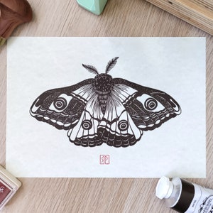 Linocut of a moth hand stamped, linocut inspired by nature, original linocut limited to 100 copies, gifts for nature lovers image 1