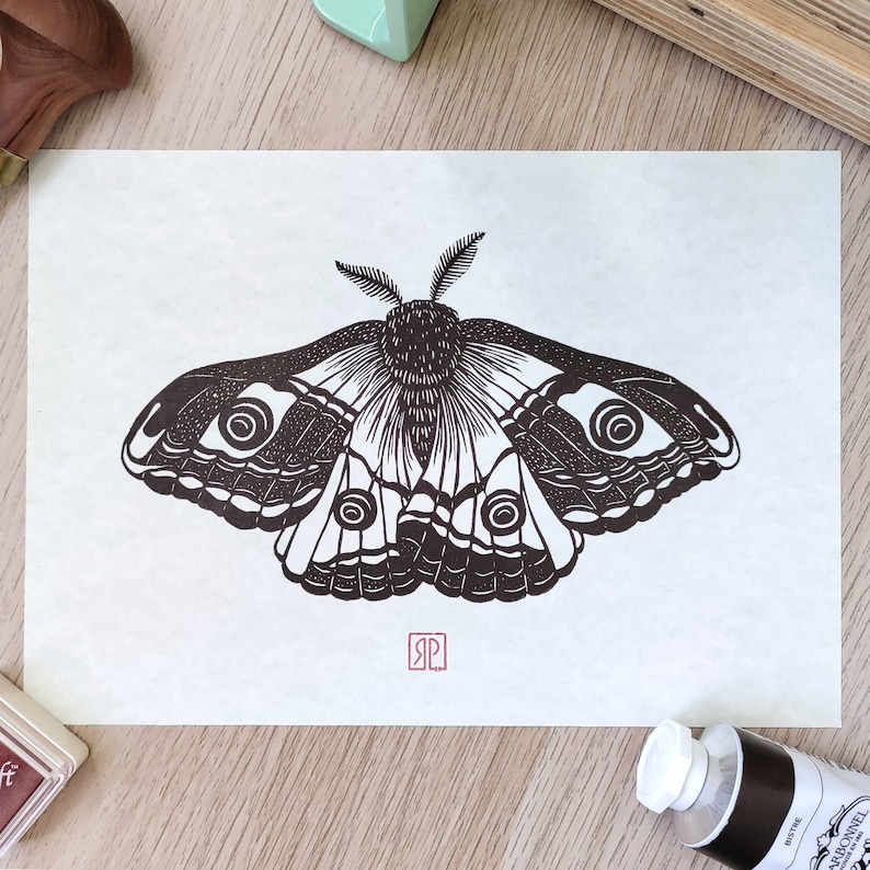 Linocut of a moth hand stamped, linocut inspired by nature, original linocut limited to 100 copies, gifts for nature lovers image 1