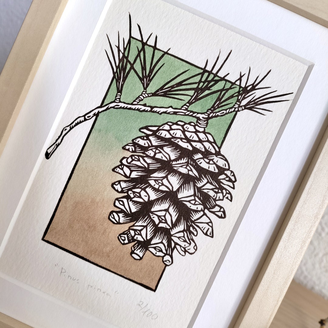 Linocut of Pine Hand Stamped, Original Linocut Limited to 100 Copies ...