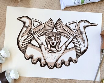 Linocut of an archaeological piece of goddess Astarte from the Tartessian period, linocut of the "Bronze Carriazo"