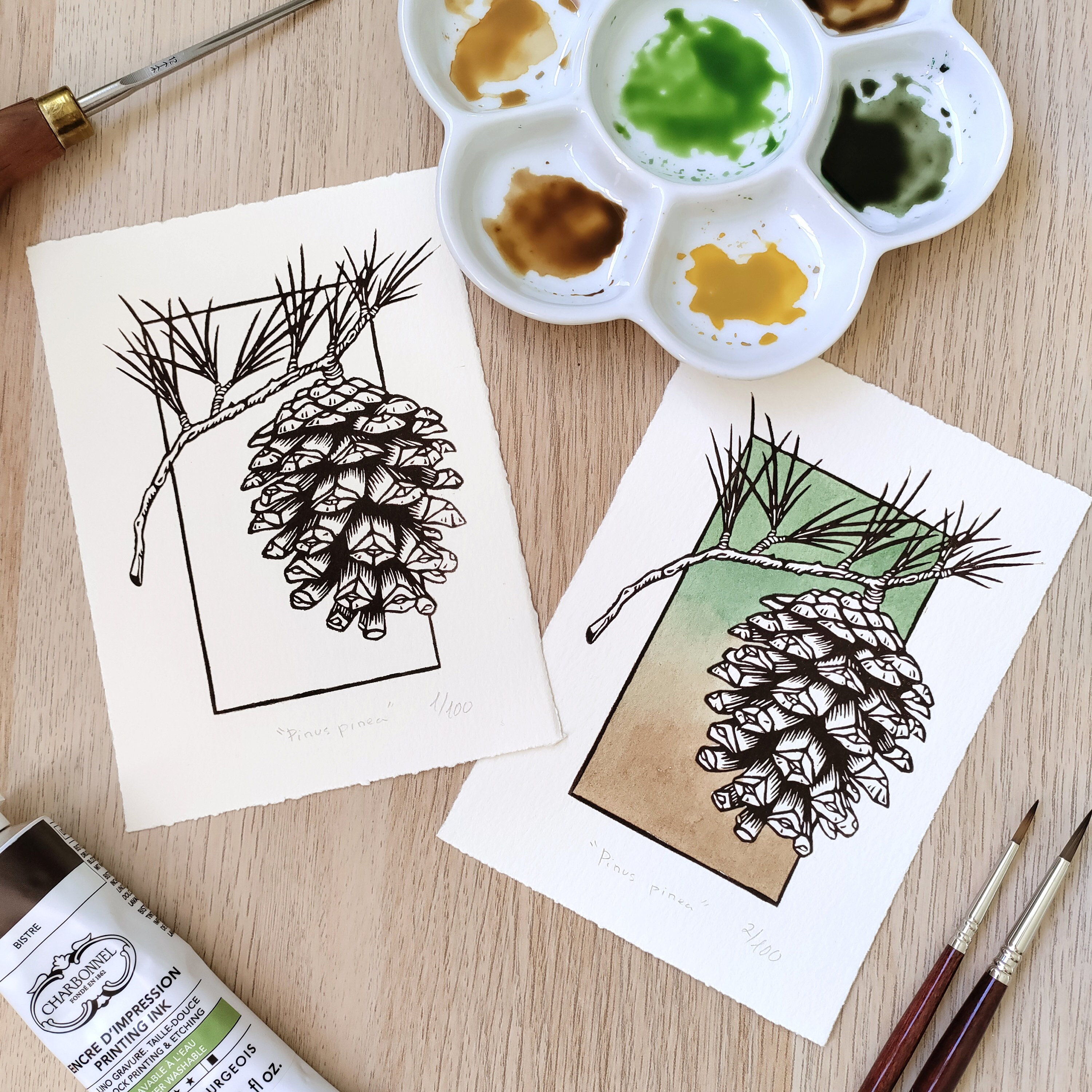 Linocut of Pine Hand Stamped, Original Linocut Limited to 100 Copies ...