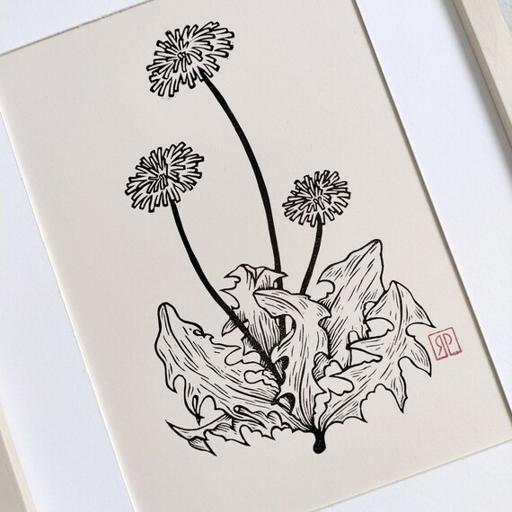 Dandelion Linocut Hand Stamped Original Linocut Limited to Etsy