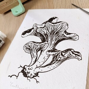 Mushroom linocut hand printed on handmade paper, decorative printing in goblincore or cottagecore style image 2