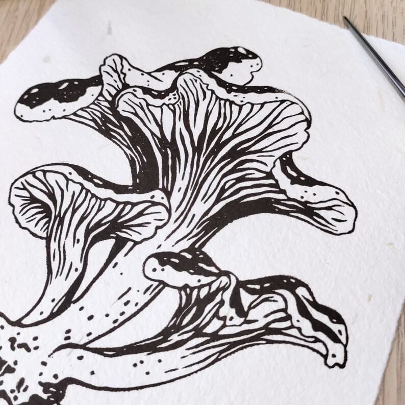 Mushroom linocut hand printed on handmade paper, decorative printing in goblincore or cottagecore style image 3