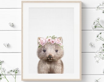 Australian Animal Print, Nursery Animals, Wombat Print, Digital Download, Baby wombat print, wombat with flowers, Wombat