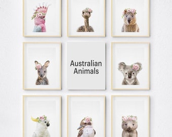 Estampado animal australiano, Koala bebé, Kookaburra, canguro bebé, Galah, Wombat, Emu bebé, cacatúa, decoración de guardería, conjunto de 8 impresiones imprimibles