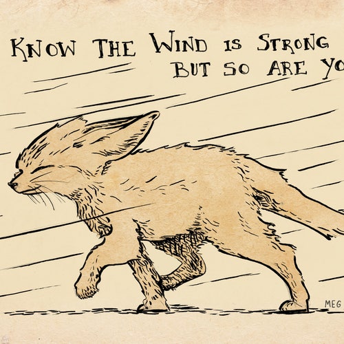 Renard dans le vent 5 x 7 pouces impression d'art