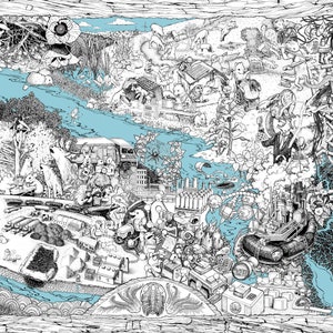 May include: A black and white illustration of a complex scene with a river running through the center. The river is light blue and the scene is filled with various objects and creatures, including trees, houses, animals, and machines. The illustration is framed by a wooden border.